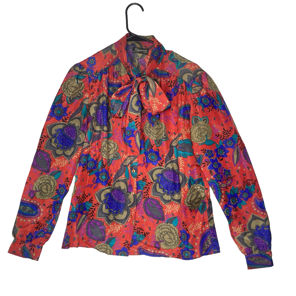 Vtg Gianna Blouse M Bold Floral‎ Print Tie Neck Statement Top Boho Retro Disco